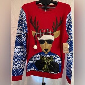Jolly Sweaters Mens Ugly Christmas Sweater Reindeer Sunglasses Camo Pocket Large